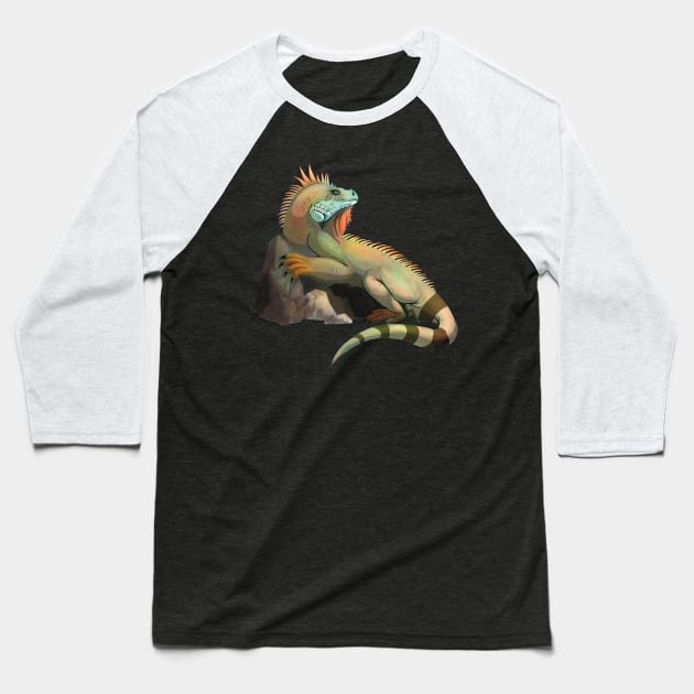 Green tropical iguana Baseball T-Shirt by Geramora Design